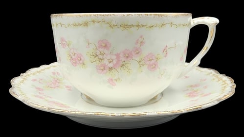 Antique Victorian LIMOGES ELITE WORKS White & Pink Flowers Tea Cup & Saucer