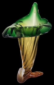 Vintage MURANO Amber & Green Art Glass Cornucopia Vase