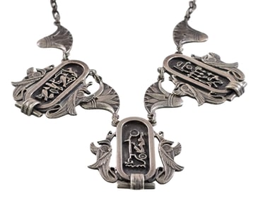 Rare Vintage Egyptian Revival Sterling Silver Pharao Cartouche Pendant Necklace