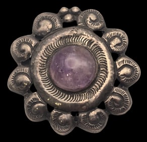 Unusual Vintage Mexican Sterling Silver & Amethyst Floral Brooch