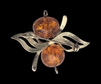 Unusual Vintage Soviet Russian 875 Silver & Amber Ribbon Pin Brooch