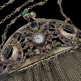 Very Rare Vintage Brass, Glass Stone & Pocket Watch Mesh Purse