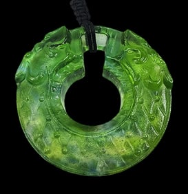 Vintage Chinese Jade Green Glass Dragon Pendant Necklace - Signed