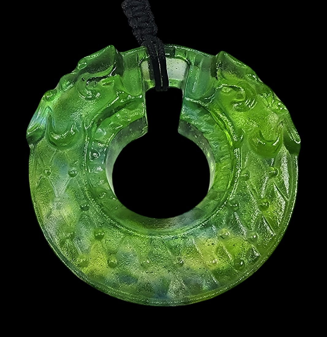 Vintage Chinese Jade Green Glass Dragon Pendant Necklace - Signed (1 of 5)