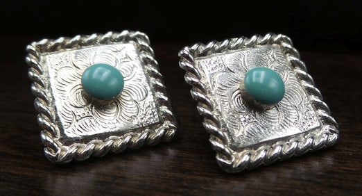 Pair of Vintage JJ Jonette Jewelry Company Silvertone Metal & Turquoise Pins