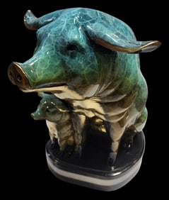 Vintage W. ARIBU Cold Painted & Glazed Cast Bronze "Piggies" Sculpture