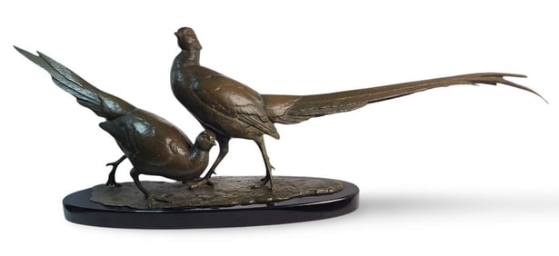 Large Antique ca. 1920 ANDRE-VINCENT BECQUEREL Pheasant Bronze Sculpture on Black Marble Base