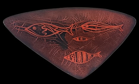 Unusual Vintage Red Enamel on Metal Plate with Fish