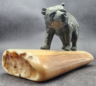 Vintage Cast Bronze Grizzly Bear Figurine on Bone Base