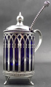 Antique Sterling Silver & Cobalt Glass Condiment Jar /w Spoon
