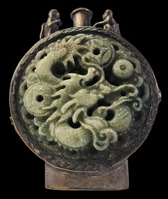 Rare Antique Chinese Silver & Carved Green Gemstone Snuff Bottle