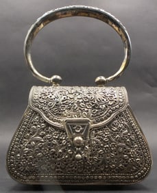 Very Unusual Antique Handmade Solid Sterling Silver Handbag