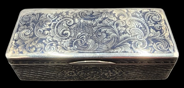 Ornate Antique Russian 84 Zolotnik Niello Silver Snuff Box