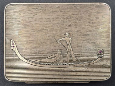 Antique Art Deco European Sterling Silver & Gemstone Venice Gondola Scene Cigarette Case
