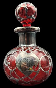 Antique Red Crystal Perfume Bottle /w Sterling Silver Overlay