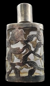Antique Mexican Glass Perfume Bottle /w Sterling Silver Overlay