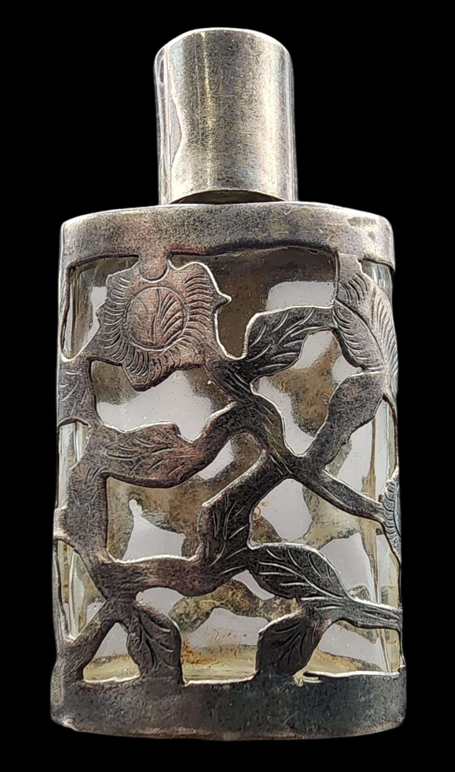 Antique Mexican Glass Perfume Bottle /w Sterling Silver Overlay (1 of 5)