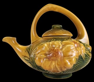 Vintage ROSEVILLE Orange Ceramic "Peony" Tea Pot /w Lid