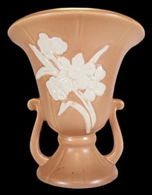 Vintage WELLER Peach & White Cameo Ceramic Urn Vase w/ Floral Pattern