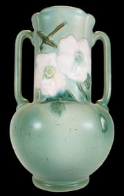 Vintage WELLER Sea Green Ceramic Vase w/ Floral Pattern & Two Handles