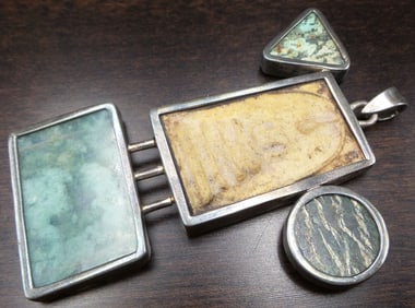 Large & Unusual Mid-Century Brutalist Buddhist Sterling Silver & Gemstone Pendant