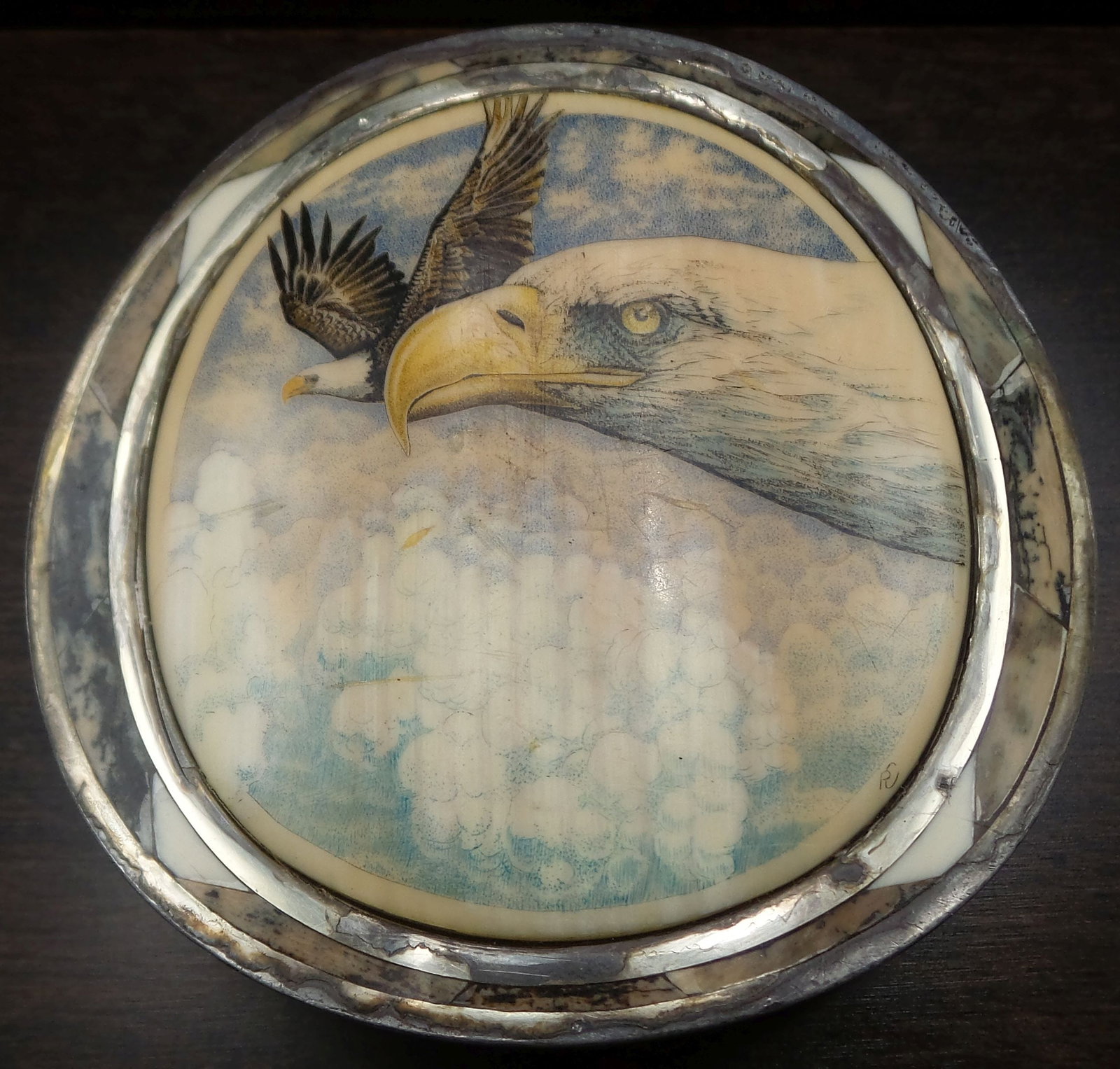 Large & Unusual Vintage Native American Sterling Silver & Carved Bone Bald Eagle Belt Buckle: Measures approx. 3" long x 2 3/4" high and weighs approx. 75.7 grams