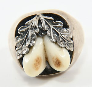 Very Unusual Vintage European Alpine Sterling Silver & Deer Teeth Hunter's Ring