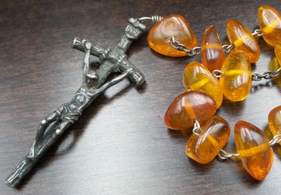Very Unusual Vintage Brutalist European Silver & Baltic Amber Rosary
