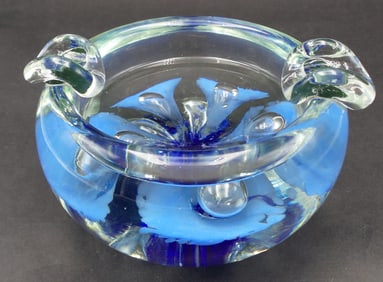 Vintage Art Glass Blue Flower Paperweight & Ashtray