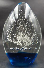 Vintage Blue & Clear Egg Shaped Bubble Art Glass Paperweight