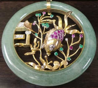 Rare & Large Vintage Asian Themed Jeweled Jade and 14K Yellow Gold Pendant