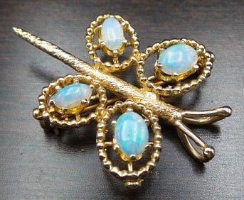 Ornate Vintage 14K Gold & White Opal Butterfly Brooch / Pendant