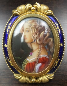 Rare Vintage CORLETTO Italy 18k Gold & Enamel Portrait Pendant