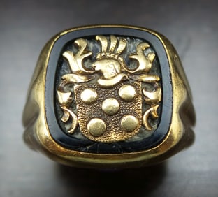 Rare Art Deco European Aristocratic 18K Gold & Black Onyx Seal Ring
