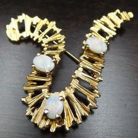 Unusual Vintage Mid-Century Modern Brutalist SCALLE 14K Gold & Opal Brooch