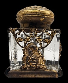 Ornate Antique Ormulu Brass & Crystal Travel Inkwell /w Patented Cap