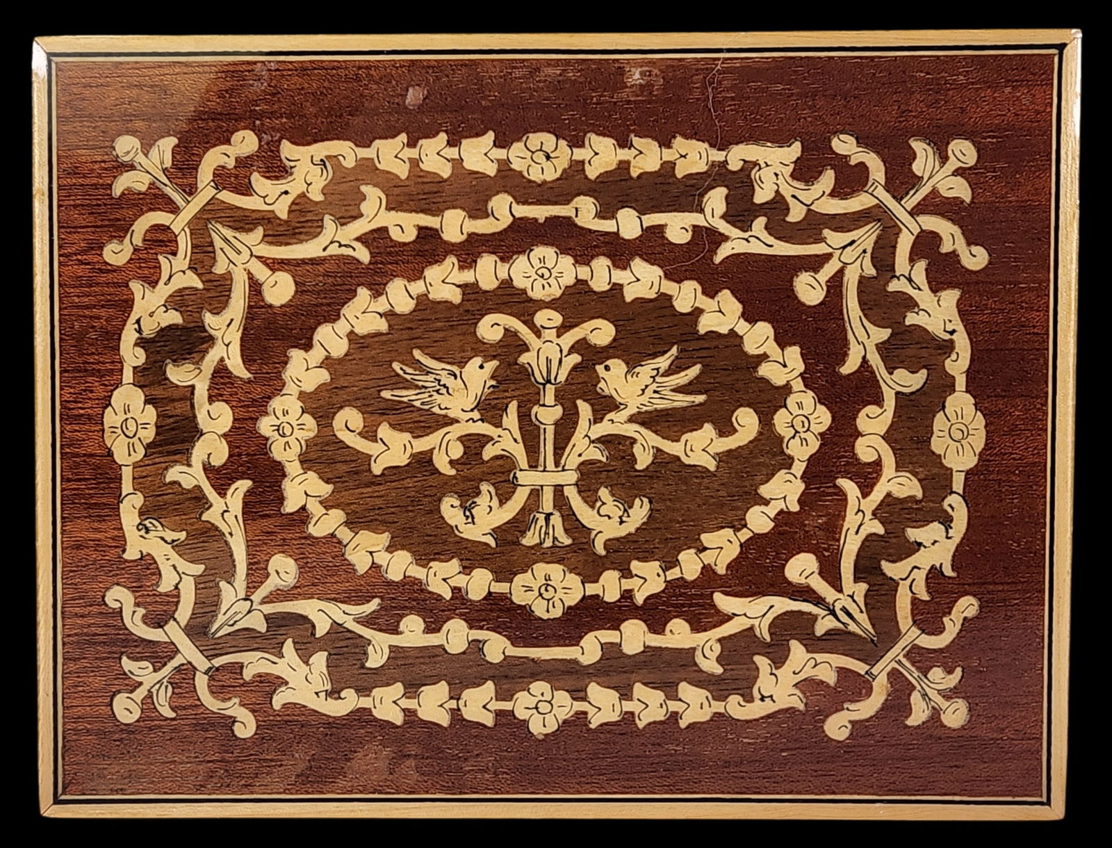 Hand Crafted Vintage Italian Inlaid Wood Music Box: Very good vintage condition with minor wear according to age; winds up and works. Measures approx. 5 5/8" long x 4 1/4" wide x 2" high.