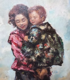 Vintage Oil on Canvas Portrait Painting "Mother & Child" - Signed