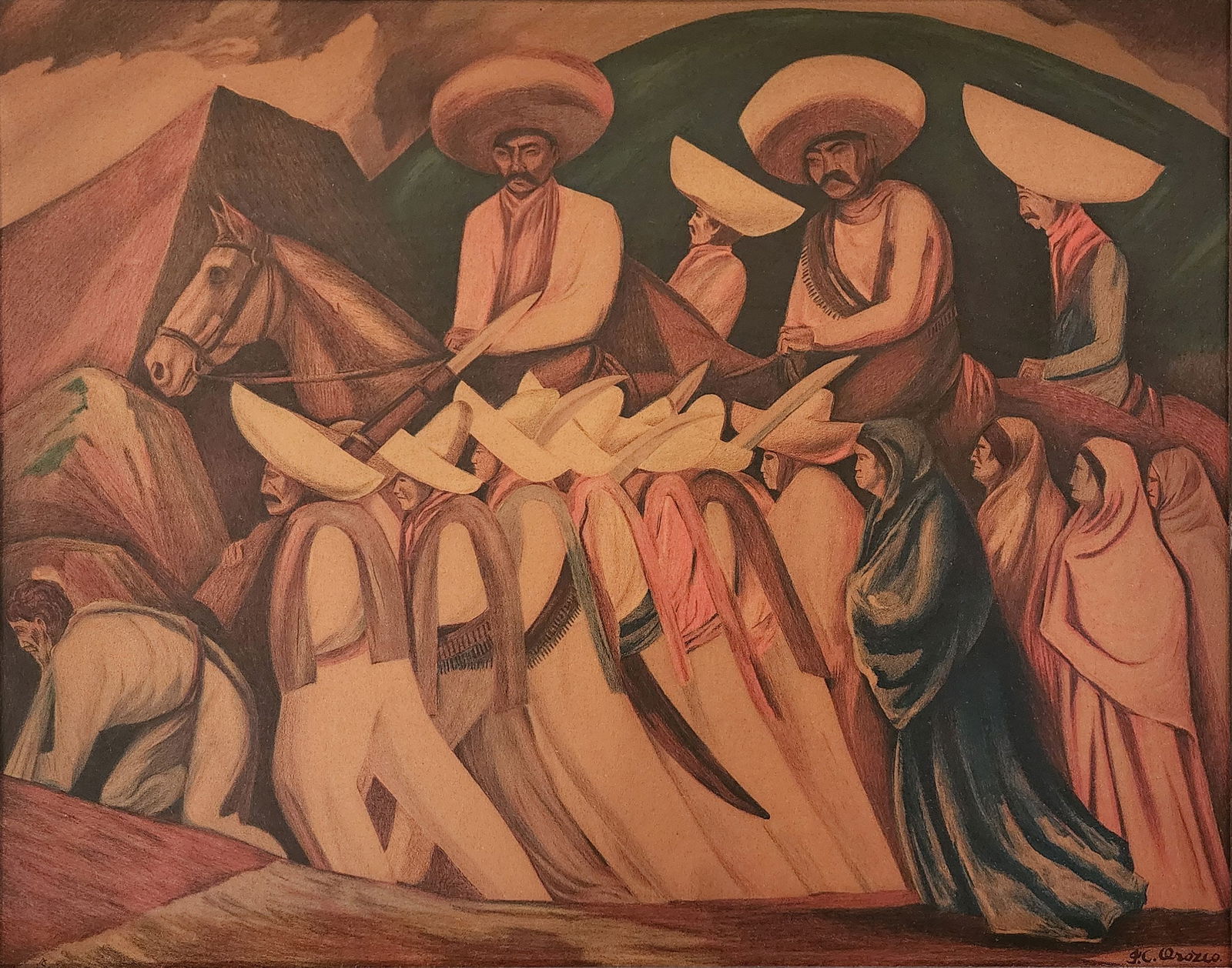 Vintage JOSE CLEMENTE OROZCO "Zapatistas" Framed Print: Good vintage condition; measuresa approx. 22" wide x 18 1/2" high. Signed on the lower right-hand side.