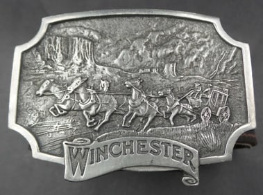 Vintage 1975 WINCHESTER Pewter Belt Buckle /w WINCHESTER Leather Belt