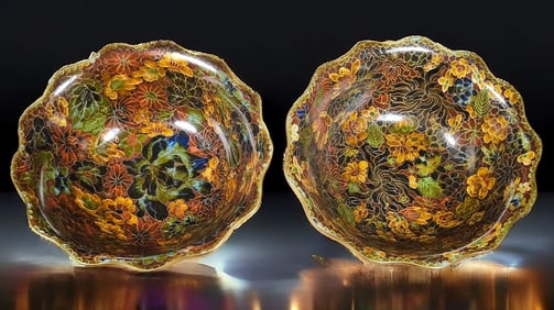 Pair of Vintage Multicolor Cloisonne Enamel Bowls