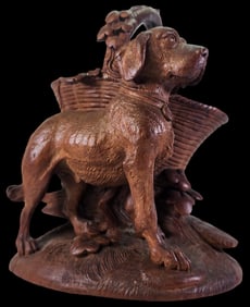 Antique Continental Hand Carved Wood Pipe Holder - Basket with Dog