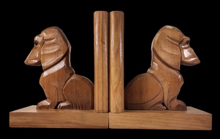 Pair of Vintage European Hand Carved Wood Wiener Dog / Dachshund Bookends