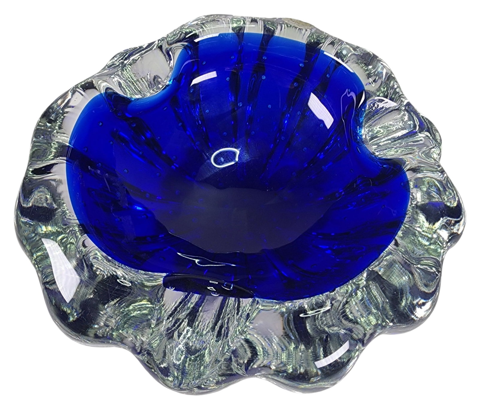 Stylish Vintage Mid-Century Cobalt Blue Art Glass Ashtray: Stunning and heavy mid-century piece in very good vintage condition; no chips, cracks, or repairs; minor wear according to age. Measures approx. 5 5/8" in diameter x 2 3/4" high.