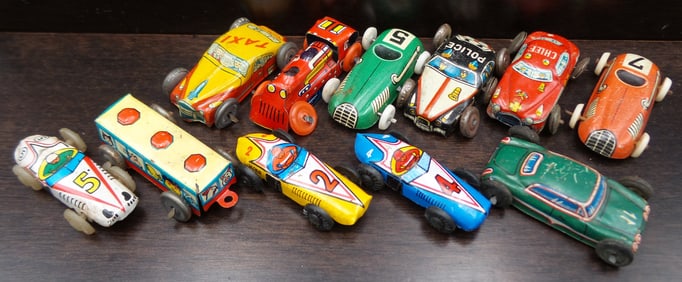 Lot of 11 Vintage Mini Tin Race Car Toys