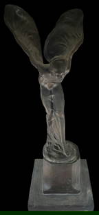 Large Vintage Rolls Royce "Spirit of Ecstasy" Bronze Statue after CHARLES ROBINSON SYKES: This piece is a large version of the famous 'Spirit of Ecstasy' mascot symbol after the original by Charles Sykes. These scarce statues were displayed in Rolls Royce agents' showrooms, and rarely appe