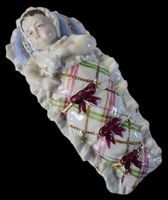 Antique ca. 1870 European Porcelain Lidded Trinket Box /w Baby in Crib