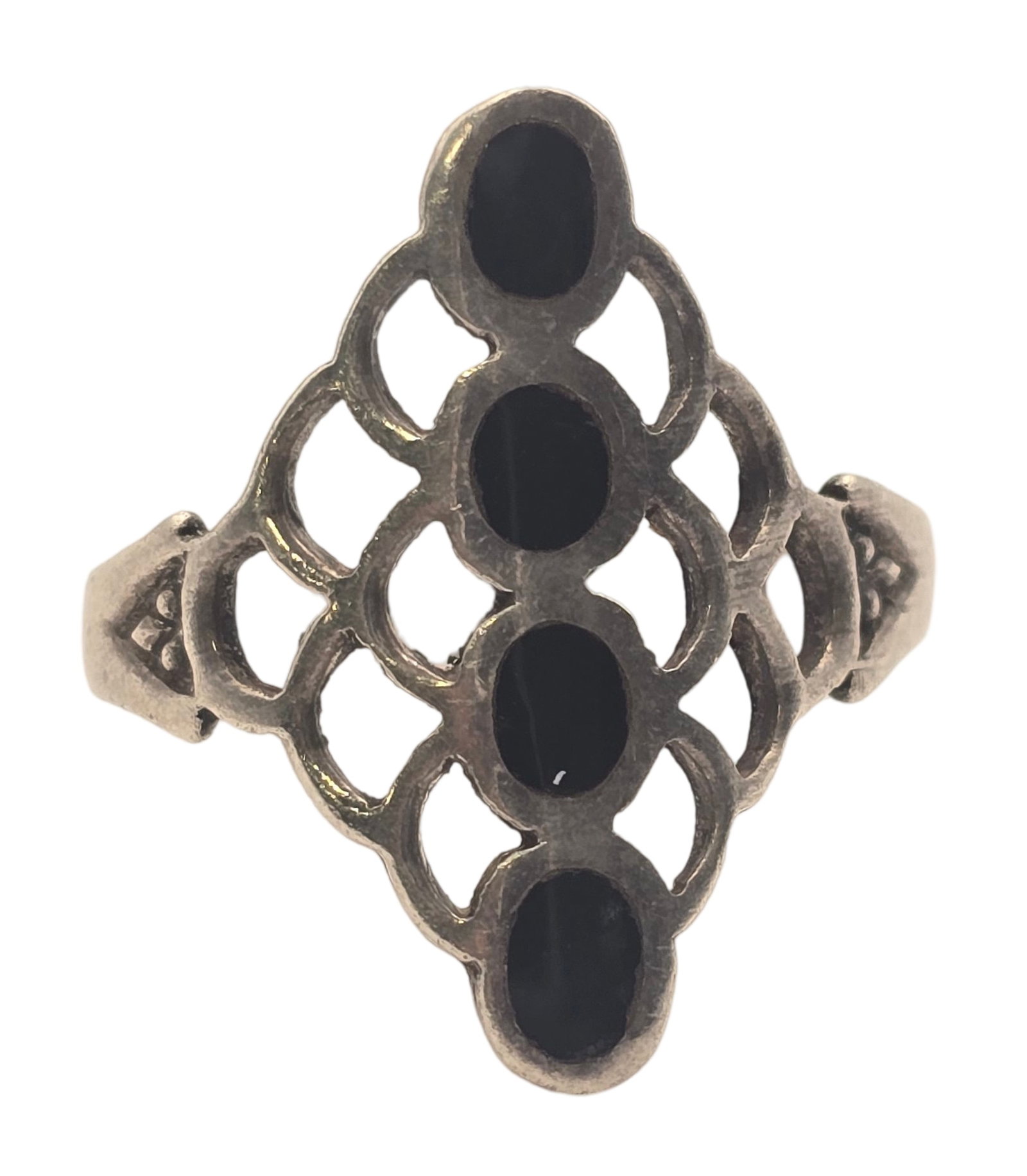 Vintage Sterling Silver & Black Onyx Mesh Ring: Stylish piece with great detail. Very good vintage condition with minor patina according to age. The ring is a size 8 1/2 and weighs 2.63 gms. Stamped "925" for Sterling Silver and carrying and uniden