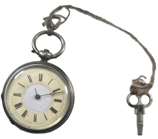 Antique ca. 1900s European 800 Silver 4 Rubies Pocket Watch /w Key