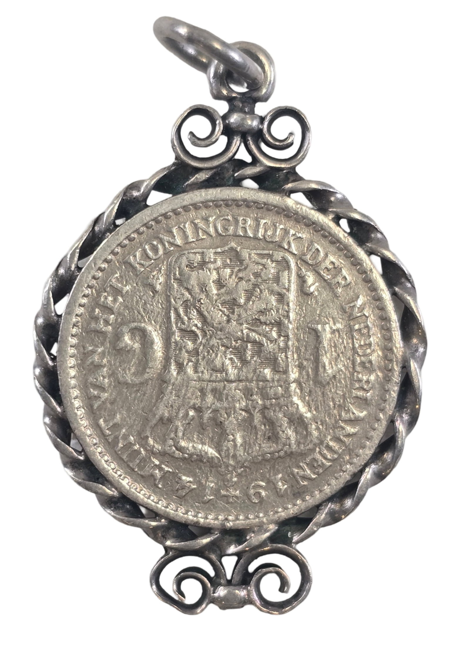 Antique Dutch 1914 Silver Coin & Silver Bezel Pendant: Measures approx. 2" in diameter and weighs ca. 13.8 grams. The coin is 945 (94.5%) silver and the bezel is a minimum of 800 (80%) silver. Very good antique condition with wear and patina according to 